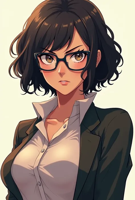 An anime character, with Narutos drawing style , a woman with short curly hair, glasses and a serious face, big breasts