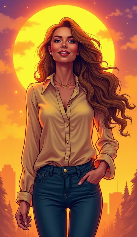 DISCREET image. with discreet casual clothes that reflect Leo’s bold and vibrant energy, such as a sleek blouse with gold or warm-toned accents and fitted pants. image adult woman, american, comic book style. happy and confident, with a bright, radiant smi...