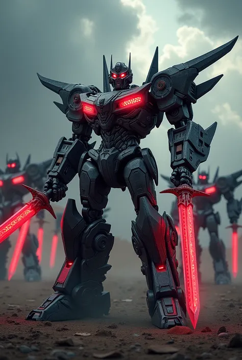 Build a team of 10 scary Transformers. With red eyes and swords 