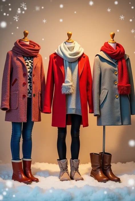 Design a stylish display of girls’ clothing featuring trendy outfits for a winter collection. Include cozy sweaters, chic coats, vibrant scarves, and fashionable boots. The scene should have a warm, snowy background with soft lighting to emphasize the clot...