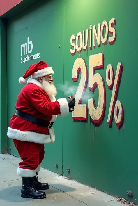  Santaclaus doing a graffiti on a wall that says " to 25 %  off” that the wall looks clearly visible “MB SUPPLEMENTS” that is in Spanish, and that the wall is green 