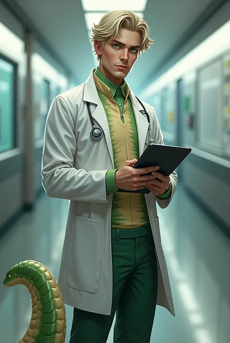 Cobie Jones(male naga short ash blonde hair piercing bright green eyes lower torso of a snake tail a mix of cream and green in color like ombre) half snake lower half has a tail doctor 