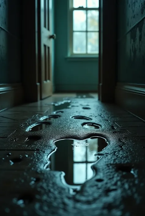  wet footprints scene  (Corner break )
component:
 panning the camera from the door to the floor slowly.
Little by little, reveal wet footprints
Add accompanying sounds, such as the sound of soft drops of water or the sounds of mysterious breaths.
contents...