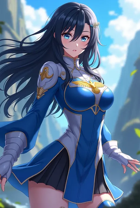  Female anime characters , heroin,  with black hair,  coat of arms wearing a blue and white costume, with an eagle  