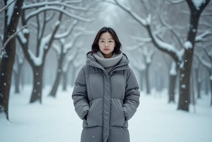 Realistic beautiful Korean woman in her 50s wearing a luxury down jacket in a winter forest.  I was wearing casual pants. I had a scarf around my neck .  Short medium length hair . A realistic beautiful Korean woman in her 50s wearing a down jacket in a . ...