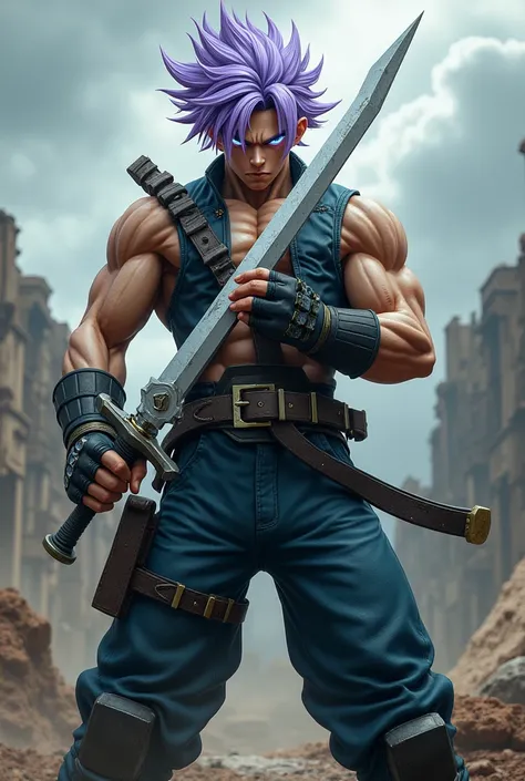 Create a realistic photo of the character Trunks with a sword in his hand and the character Guile from the Street Fighter 
Create a realistic photo of a powerful hybrid character using the characteristics of the two characters 
