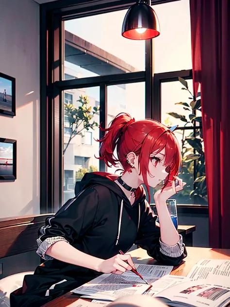 (Approaching:1.3), realistic , top quality,  more, High-quality CG rendering,  THE MOST DELICATE AND BEAUTIFUL ,  high definition , (female 1 person), ( top quality,4K,8k,masterpiece:1.2), (Bright Red Hair:1.5),( short ponytail:1.5),( red eyes:1.5),( black...