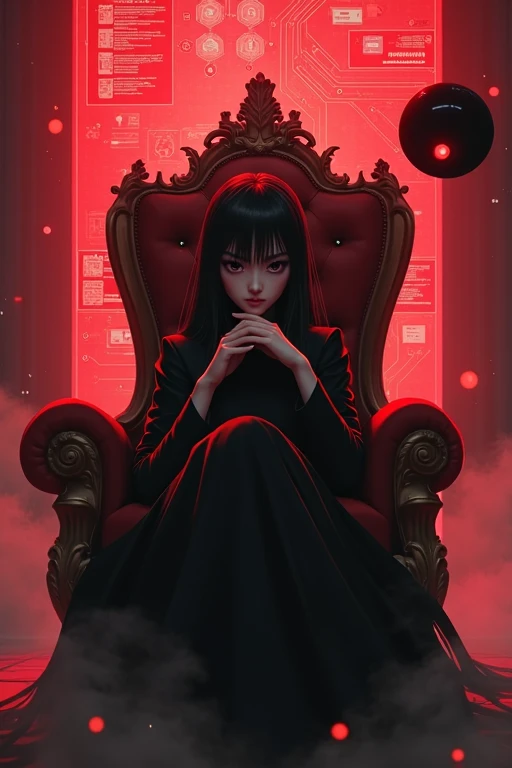 a  girl, black eyes, black hair, sitting on a throne like a Demon King figure, holding her chin/cheeks with her hands. in front of him was a red system hologram screen. Then next to it, an object similar to an AI robot in the form of a black ball with one ...