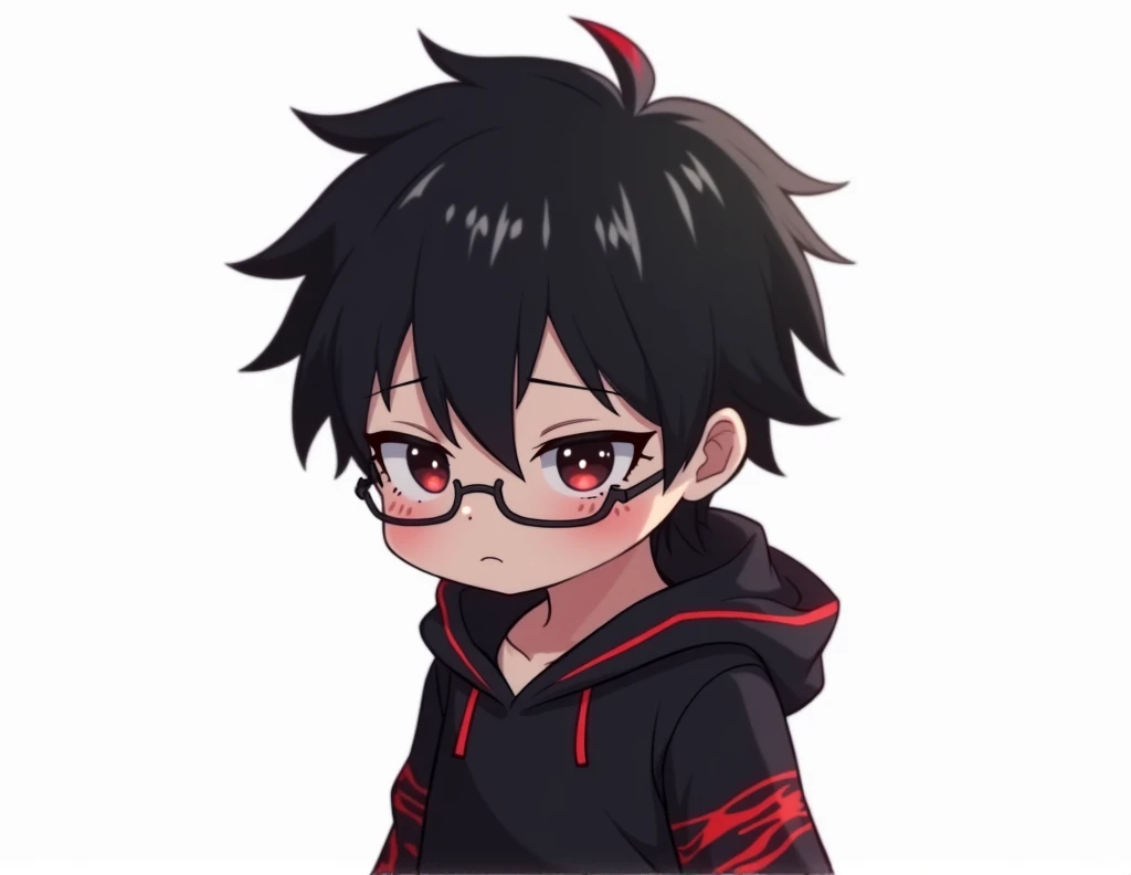  I want a 25-year-old Anime boy whose clothes are black with red lines( that shine ), with a hood and with  ,  that has black hair with a  "Little red tuft " Chibi version , with glasses, To do several actions , As if he were exhausted and thinking on a wh...