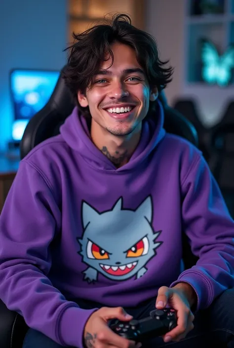 Man Caio Castro  , 22 years old ,  Blue Eyes , cabelos de moreno messy flow haircut,  tanned skin   ,  clean-shaven ,  slightly red lips  ,arm tattoos and a butterfly tattoo on the neck Wearing a purple Gengar sweatshirt and holding a PlayStation 5 control...