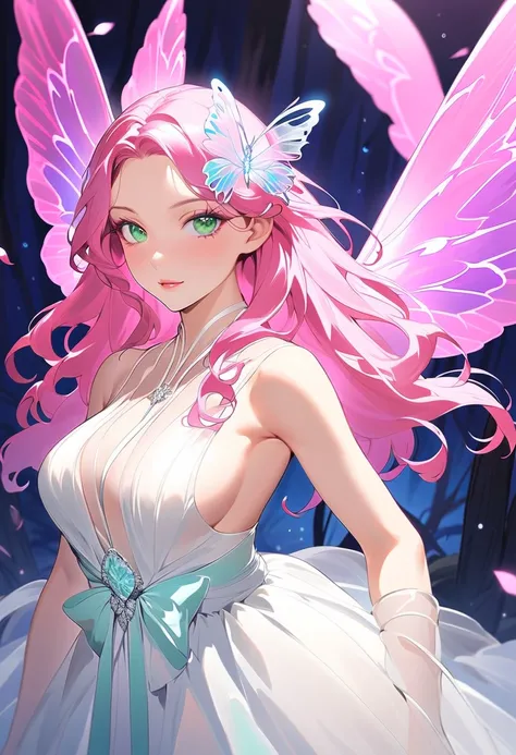 This character is a woman with a magical aura, mature and beautiful, seductive lips. She has long, shiny, bright pink hair and a butterfly-shaped glass clip accessory on her head. Her sharp green eyes were shining, she was wearing a short dress above the k...