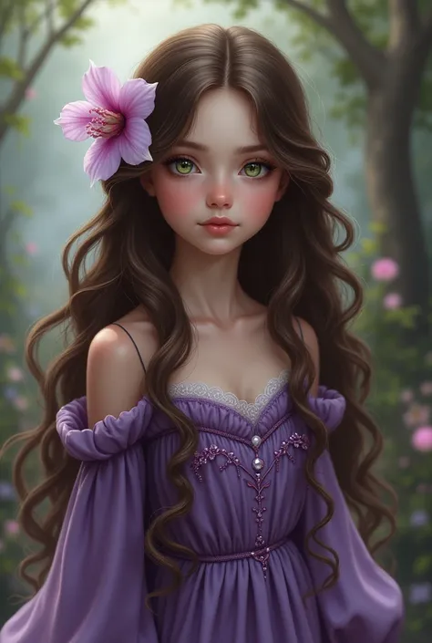 Girl with long brown hair and green eyes with a flower in her hair and a purple dress