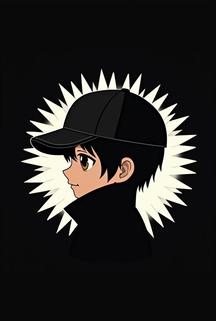 I want a logo of a boy with brown eyes that shows his head that is brown with a black cap facing back with lenses, the black background with stripes like white sun and that his face is in profile and with straight black hair that only the face can be seen ...