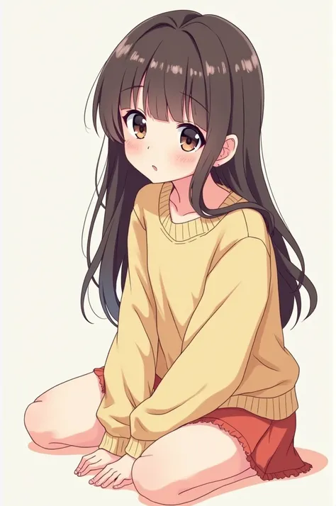 make me a drawing in moe style, of a girl with long straight hair, I want her in a sitting pose, it needs to look lively and very moe art style, she has long hair and bangs (It needs to be a retro moe, those arts common on tiktok and in the 2000s, moe art ...