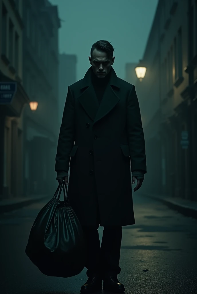 A suspenseful scenario on a dark street where the observer feels a dark presence behind him. A man with a creepy expression holds a heavy, large bag in one hand and looks directly into the camera.