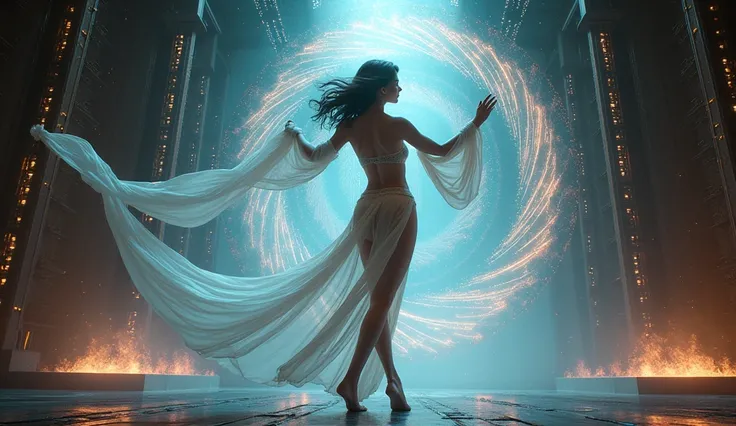 Celestial Dancer: An Asian woman in celestial-themed lingerie with flowing, ethereal elements, performing a ritualistic dance in the glowing heart of an ancient mothership.