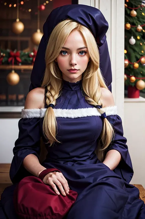 (red santa hat), 1woman, realistic, detailed, sitting, purple eyes, Christmas tree, Christmas gift, beautiful face, waist, perfect hands, Long blonde hair, bag, Dark blue dress, beautiful face, perfect