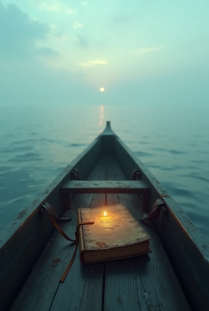 
Show a calm sea at sunrise, with an empty horizon, the mist dissipating into the sky.
Illustrate a small boat adrift on the ocean, with an old, weathered notebook resting on the seat, glowing faintly with mystery.
