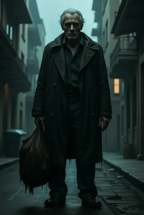 A suspenseful scenario on a dark street where the observer feels a dark presence behind him. An old man with a creepy expression holds a heavy, large bag in one hand and looks directly into the camera.