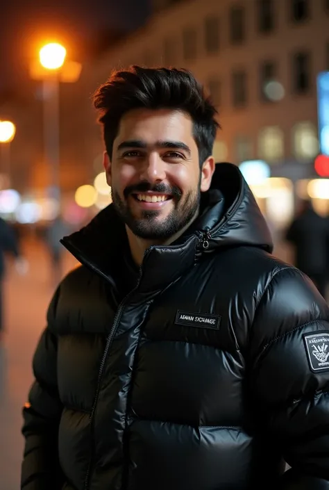  The picture shows a young man with dark hair and a well-groomed beard ,  who smiles friendly at the camera . He has density ,  has noticeable eyebrows and wears a black ,  shiny down jacket from Armani Exchange .  On the left side of the jacket there is a...