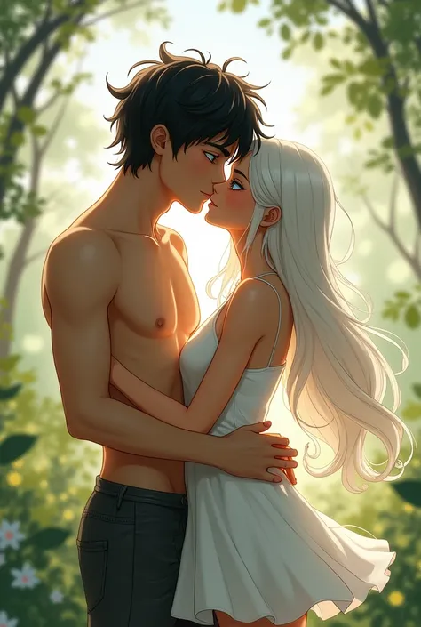 Girl with white hair and light blue eyes and a short white dress making out with a boy with black hair and yellow eyes 