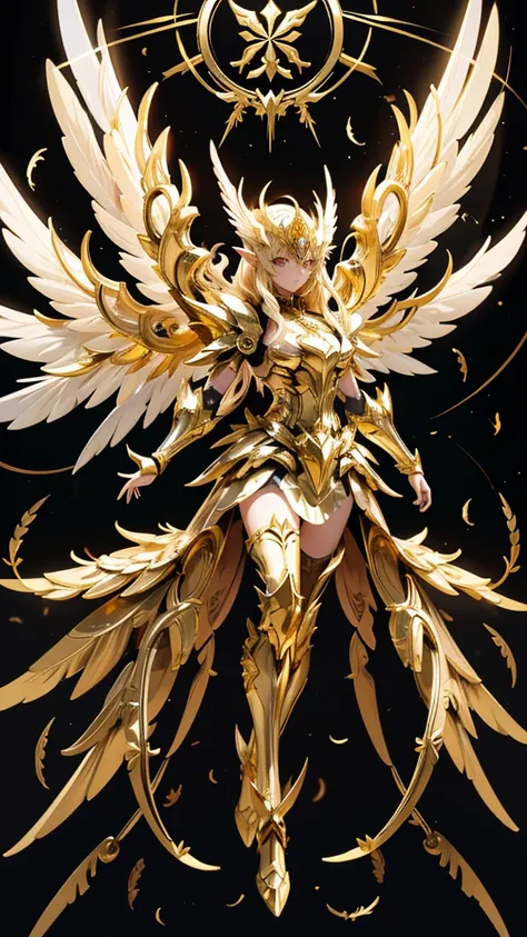  Type Letter Design ,  Full Body Image of the Labyrinth Background . Very Beautiful Devil Elf Woman with Blonde Wavy Hair,  blond eyes ,  with 6 White Feathers on the Top 、Fairy Wings、６枚のFairy Wings、  Wearing Gold Full Body Armor and Skirt , Golden Boots, ...