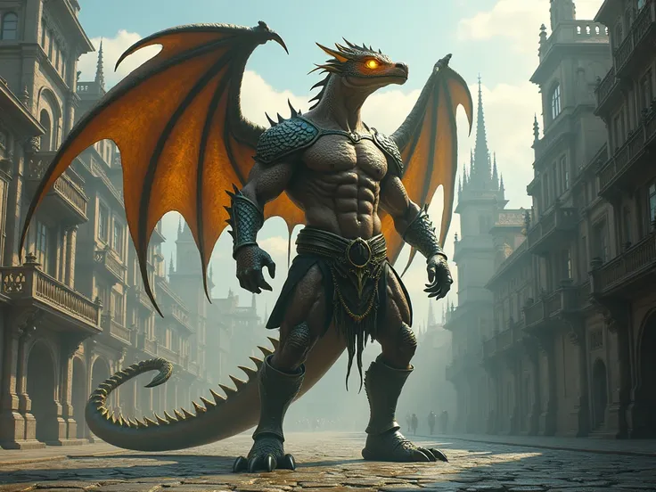 anime, tall and muscular man, dragon scale skin, yellow dragon eyes, dragon wings, Medieval civilian clothing, Medieval fantasy city.