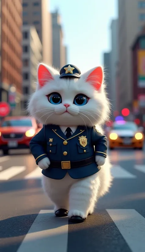 In cinematic 3D style, HD image, colourful image ,realistic image.
Character, beautiful lina big white cat, blue eyes and white curly hair and American cop dress and black shoes.
Action,Lina the big white cat is walking down a road and traffic is coming an...