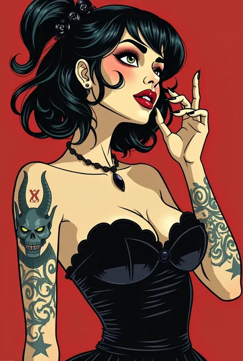 a close up of a woman in a dress with a devil tattoo on her arm, vector art by Mab Graves, tumblr, gothic art, burlesque psychobilly, comic pinup style, pin up, pin up style poster, pinup, pinup art, pin - up, pin-up, pinup style, girl pinup, tattooed pinu...