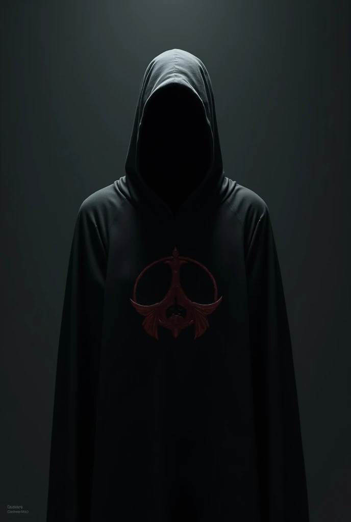 A faceless man in black tones, mysterious logo