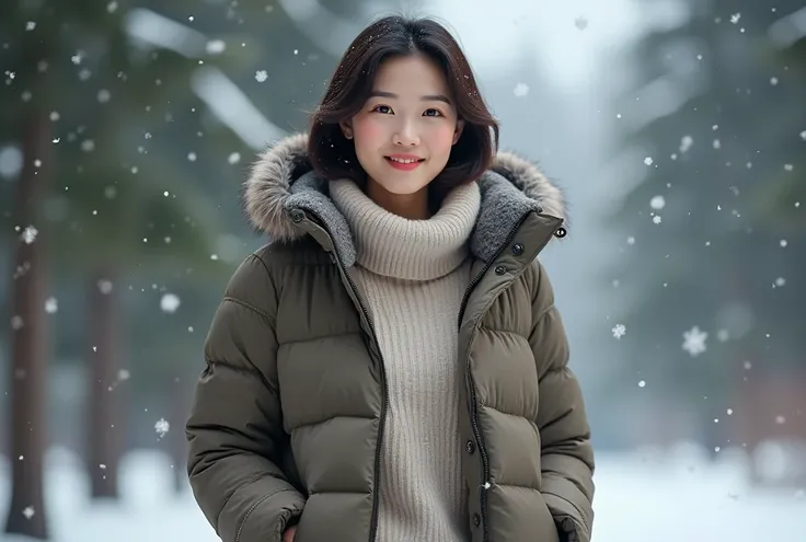 Realistic beautiful Korean woman in her 50s wearing a luxury sweater and down jacket in a winter forest.  I was wearing casual pants.  Short medium length hair . A realistic beautiful Korean woman in her 50s wearing a down jacket in a . Snow blowing in the...