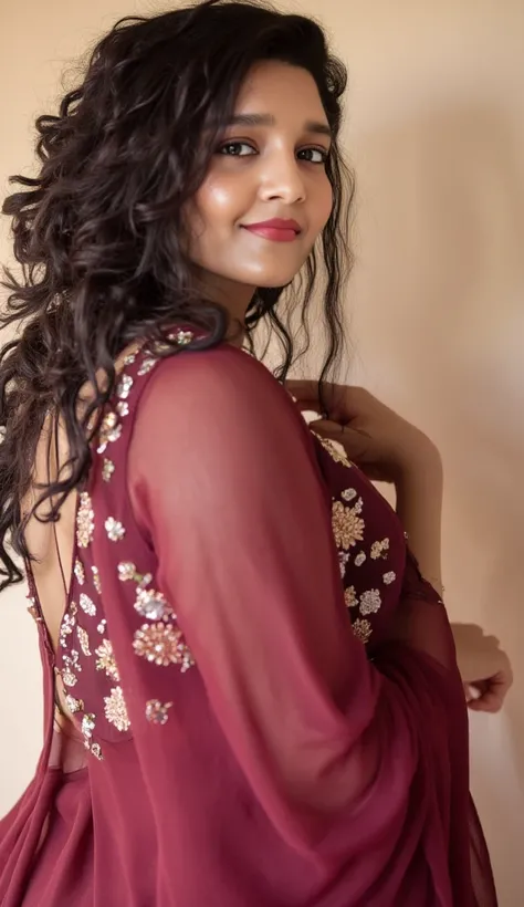 Ritika Singh, a renowned Indian beauty, almost completely nude, her voluptuous form wrapped in a sheer, crimson-hued saree that clings to her body like a lovers embrace. The fabric is slightly askew, revealing her sweaty, post-coital glow and a tantalizing...