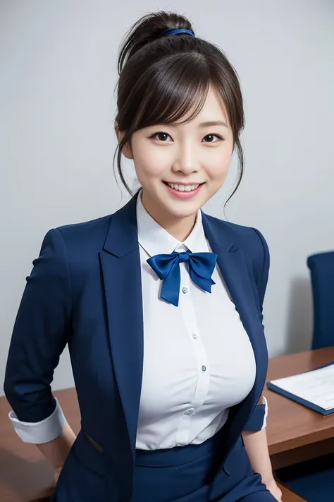 （ top quality、In 8K、Masseter muscle area、  delicate illustration  、 full body lesbians slimed）,  1 girl, Sexy and Beautiful Japanese Office Lady 、 plump body、  Navy Blue Office Lady Suit （Skirt Type）、 Dark Hair with a Ponytail （With ribbon）、（huge smile）