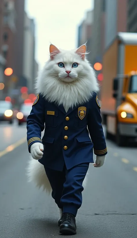 In cinematic 3D style, HD image, colourful image ,realistic image.
Character, beautiful lina big white cat, blue eyes and white curly hair and American cop full dress and black shoes.
Action,Lina the big white cat is walking down a road and traffic is comi...