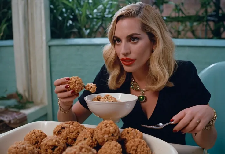 cinematic photo analog style portrait of an a  ((ohwx woman)) eating a muppet, next to a bowl full of muppets . wes anderson movie, still from stanley kubrick movie, 35mm photograph, film, bokeh, professional, 4k, highly detailed