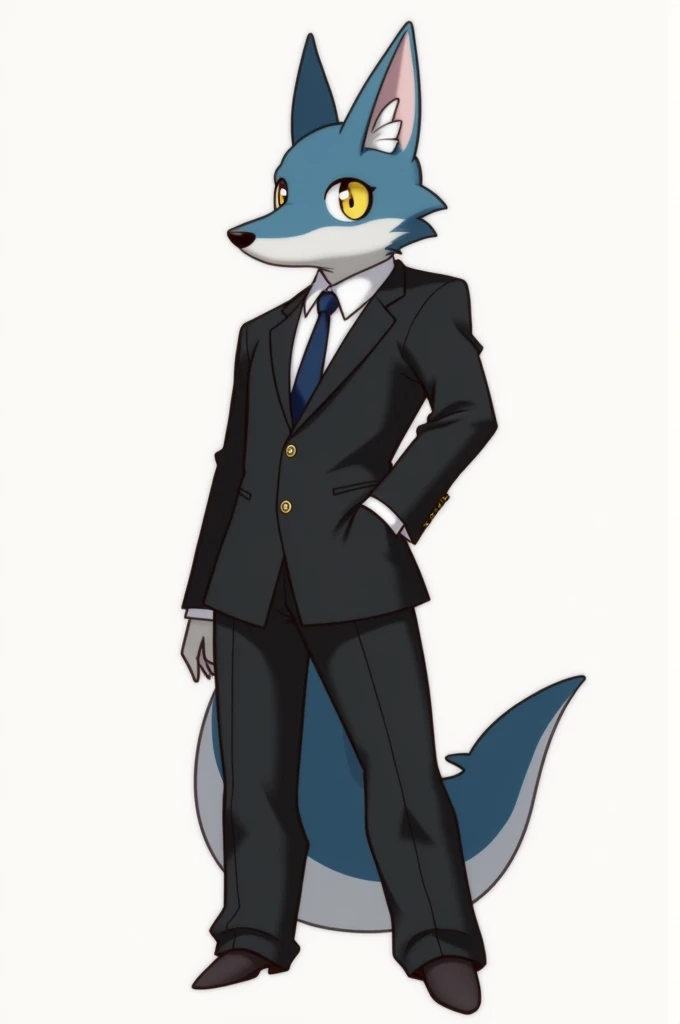 (anime drawing) (human) Above the hair, coyote ears and up the butt a sharks tail in a black suit 