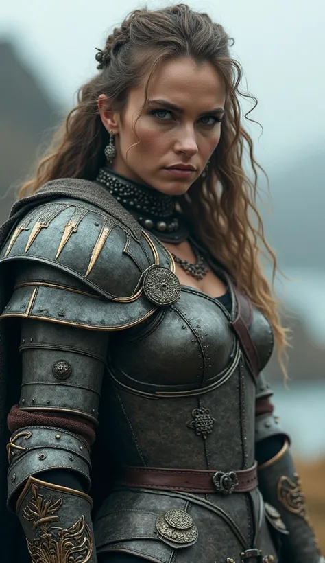 , a Viking woman in ornate metal underwear confidently holds a sword in one hand and casts a provocative look at the camera, emphasizing her strength and attractiveness .