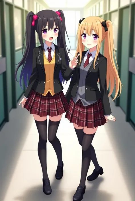 A stylized anime illustration featuring two high school girls standing together in a modern Japanese school setting. Both girls wear identical school uniforms: a cropped black blazer, plaid skirt, thigh-high stockings, and elegant shoes. The first girl, Ha...