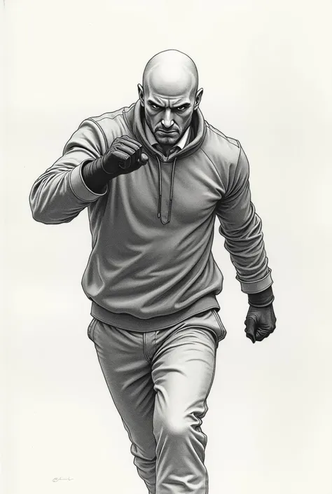 a pencil illustration of beutiful agent 47 from game Hitman (He is a totally bald man, caucasian, angry face, fight pose, krav maga, he is wearing a sweatshirt blouse and sweatshirt pants, he is fighting with holographic projections of enemies. he is punch...