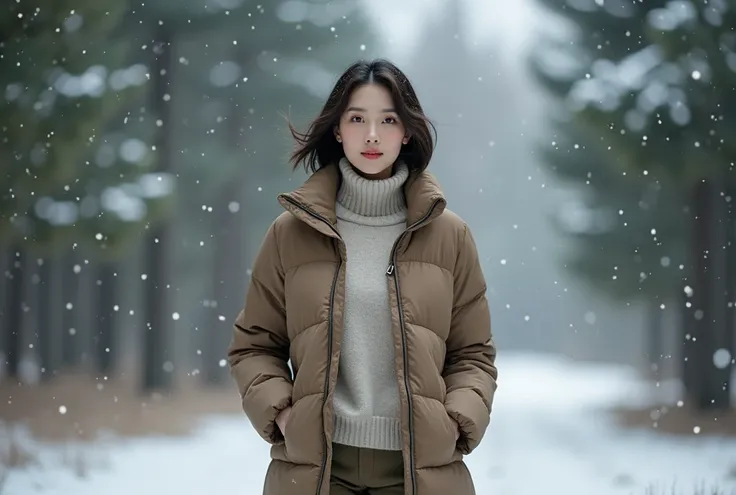 Realistic beautiful Korean woman in her 50s wearing a luxury sweater and down jacket in a winter forest.  I was wearing casual pants.  Short medium length hair . A realistic beautiful Korean woman in her 50s wearing a down jacket in a . Snow blowing in the...