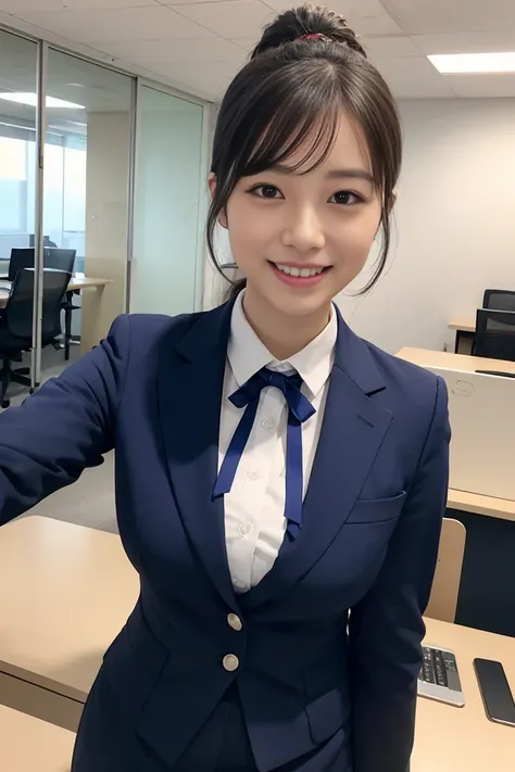 （ top quality、In 8K、Masseter muscle area、  delicate illustration  、 full body lesbians slimed）,  1 girl, Sexy and Beautiful Japanese Office Lady 、 plump body、  Navy Blue Office Lady Suit （Skirt Type）、 Dark Hair with a Ponytail （With ribbon）、（huge smile）