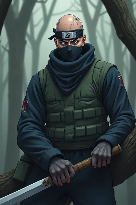 Rogue naruto ninja wearing head band face is a grotesque mess of cuts,bald, powerful, muscular, bandages to hide scars and a massive weapon. Black sunken eyes 
Madddd aura place him on a tree branch onimously 