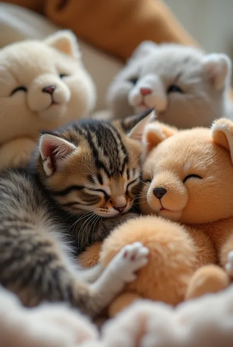 Live action kitten sleeping with a stuffed cat