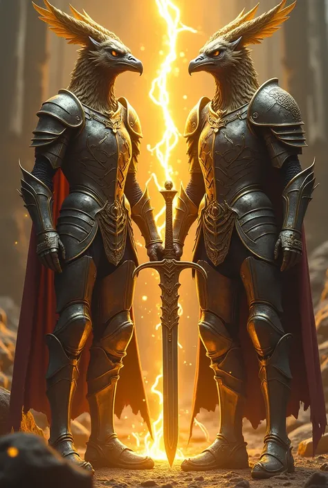  Two Smashing Warriors shrouded in gold lightning and dressed in armor
One of them is wearing lighter , , which protects only the torso , shoulders, forearms,  head and legs , and the abdomen ,  joints and hands, are open ,  rests on a sword with a long ha...