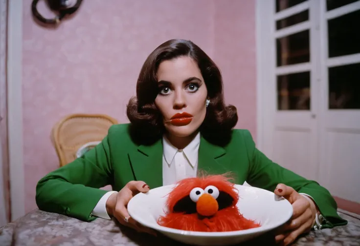 Analogue film style portrait of a ((oh, woman)) eating a muppet, next to a bowl full of muppets. Horror movie, Stanley Kubrick film still, 35mm photography, film, bokeh, professional, 4k, highly detailed