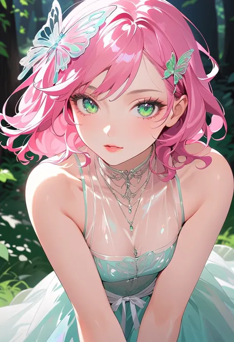 This character is a woman with a magical aura, mature and beautiful, seductive lips. She has long, shiny, bright pink hair and a butterfly-shaped glass clip accessory on her head. Her sharp green eyes shine, she has a thin body and small chest, she wears a...