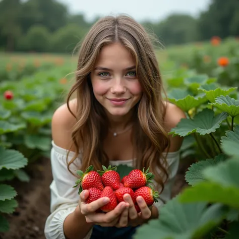 Very beautiful girl of Slavic appearance picks strawberries photo quality 8k highest quality of small details