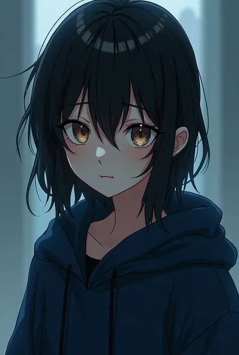 A 16-year-old teenager wearing dark blue clothes with intimidating brown eyes with two polka dots, one on each side, with a small smile, wearing light black anime demon Slayer style pants. 