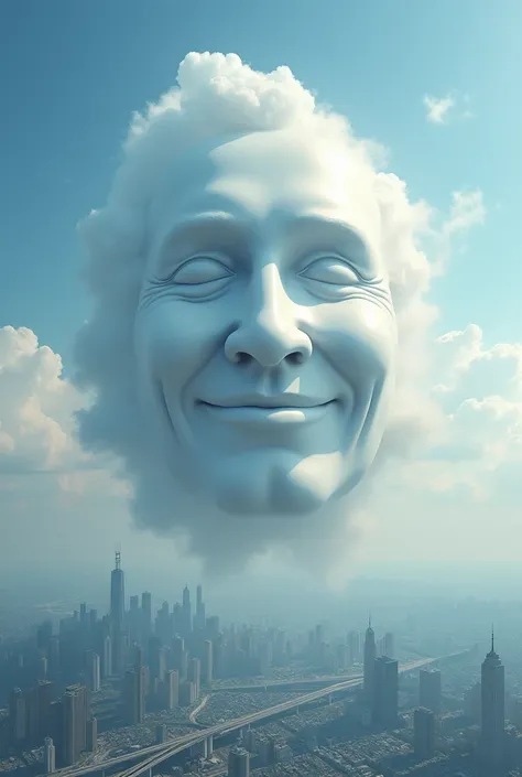 Realistic image of cloud in the shape of a mans face smiling above a city