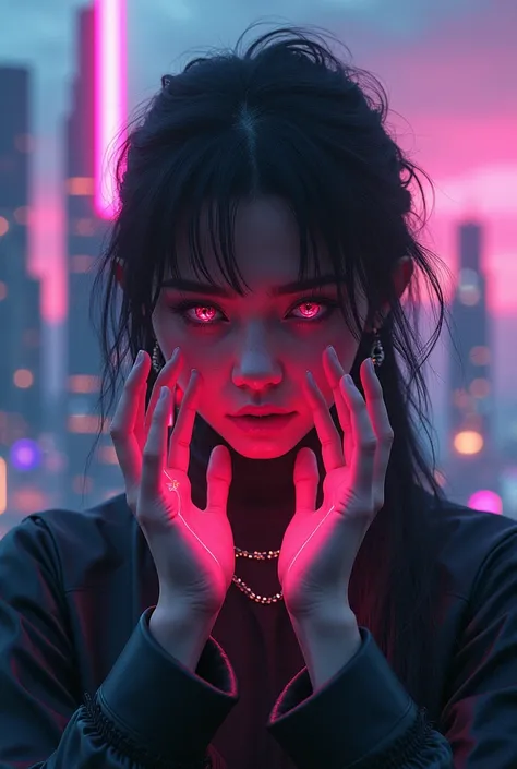 Create an image for synthwave, a unique cyberpunk type with more sentimental hands 